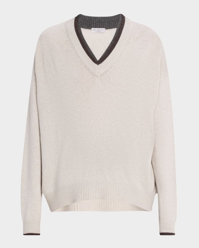 Cashmere Contrast Stripe V-Neck Sweat